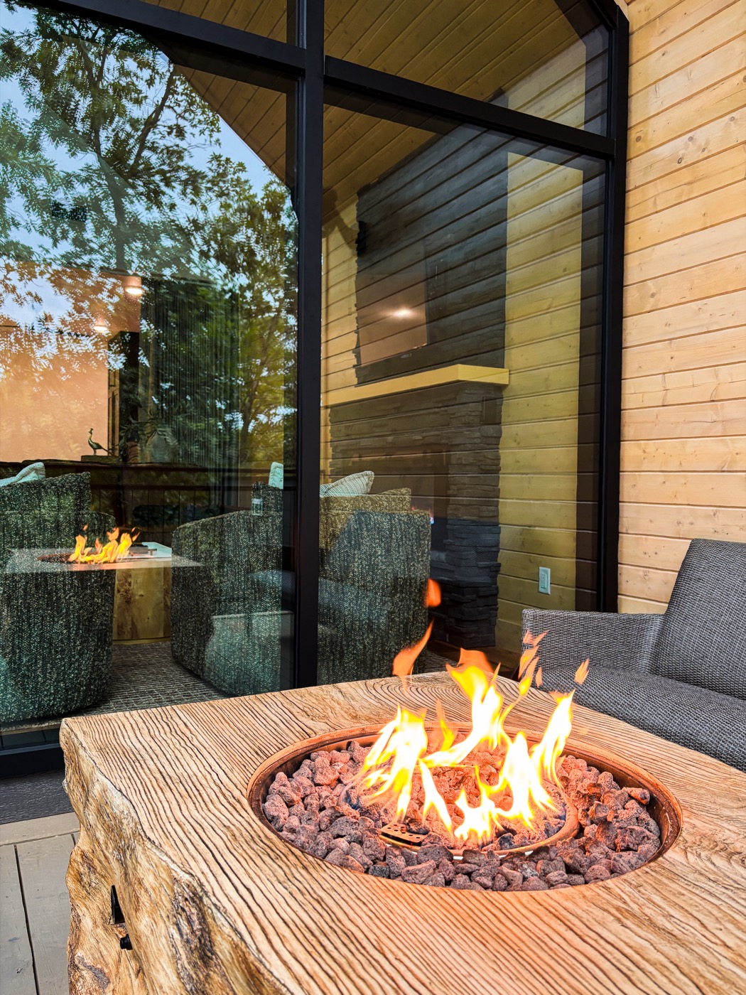 Outdoor fire pit table on the deck
