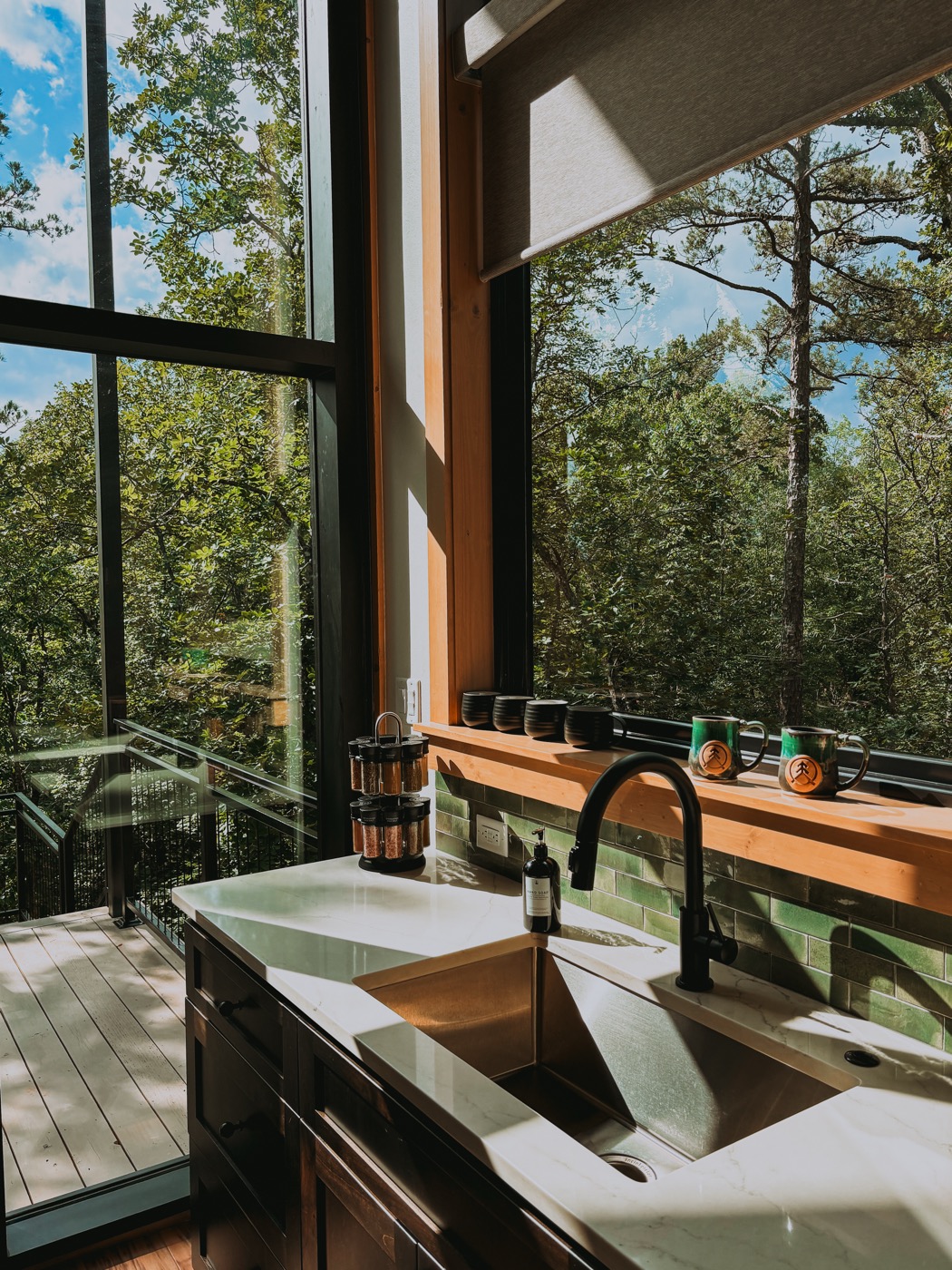 Cabin kitchen sink with forest view