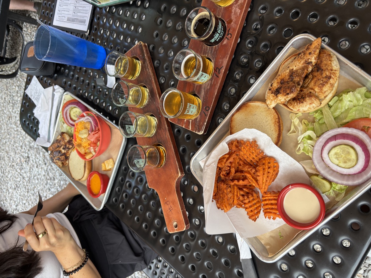 Beer flight and food flatlay